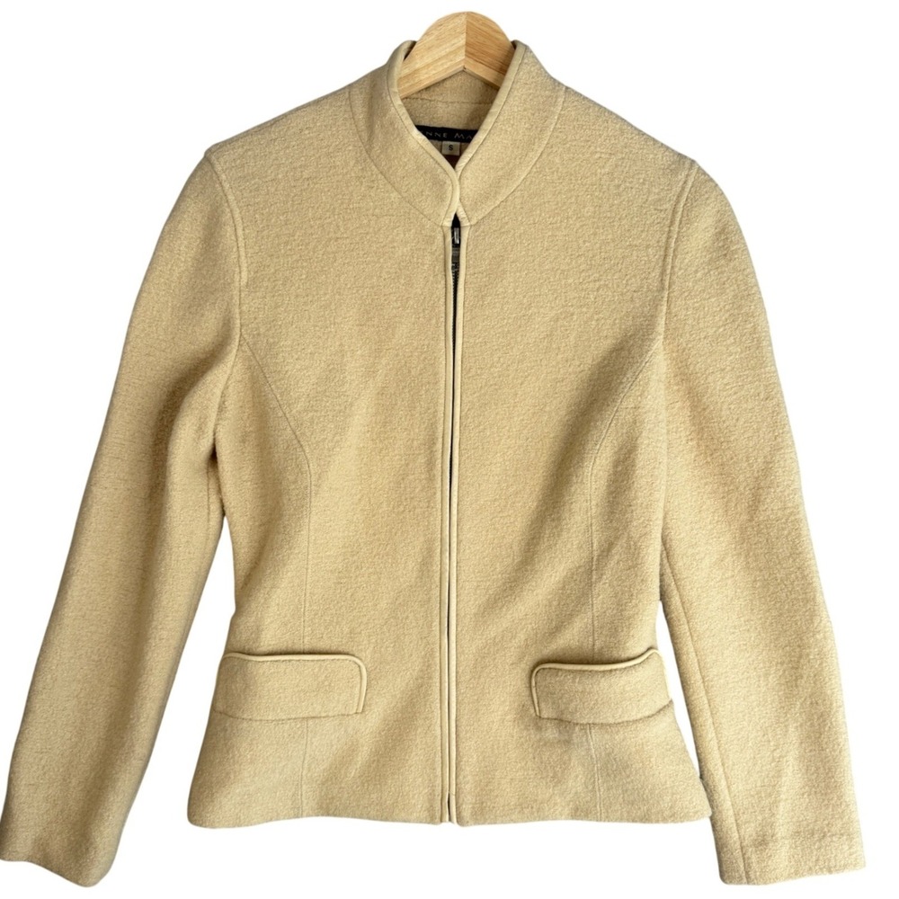 Vintage 90s Minimalist Wool Zip Up Jacket Womens S Beige Quiet Luxury Old Money
